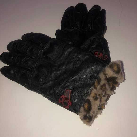 Ladies POWER TRIP Black Leather Gloves Size L Black Widow Leopard. Preowned - Picture 1 of 8